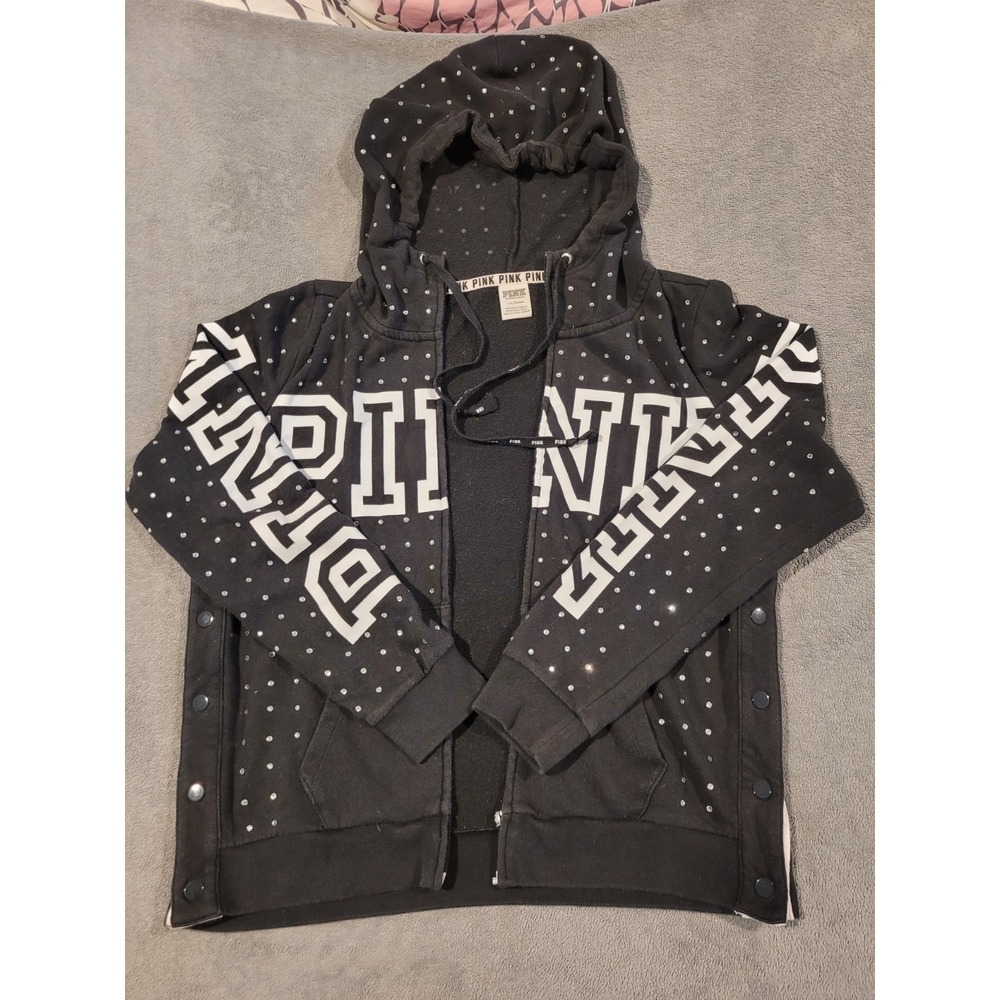 Victoria's Secret PINK Bling Rhinestone Full-Zip Hoodie Black Studded Large